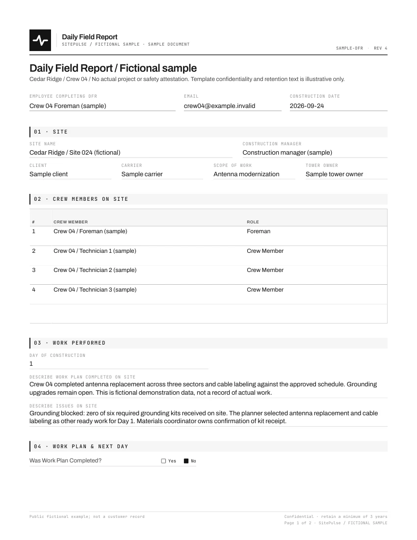 Cedar Ridge sample Daily Field Report, showing completed antenna work and outstanding grounding kits