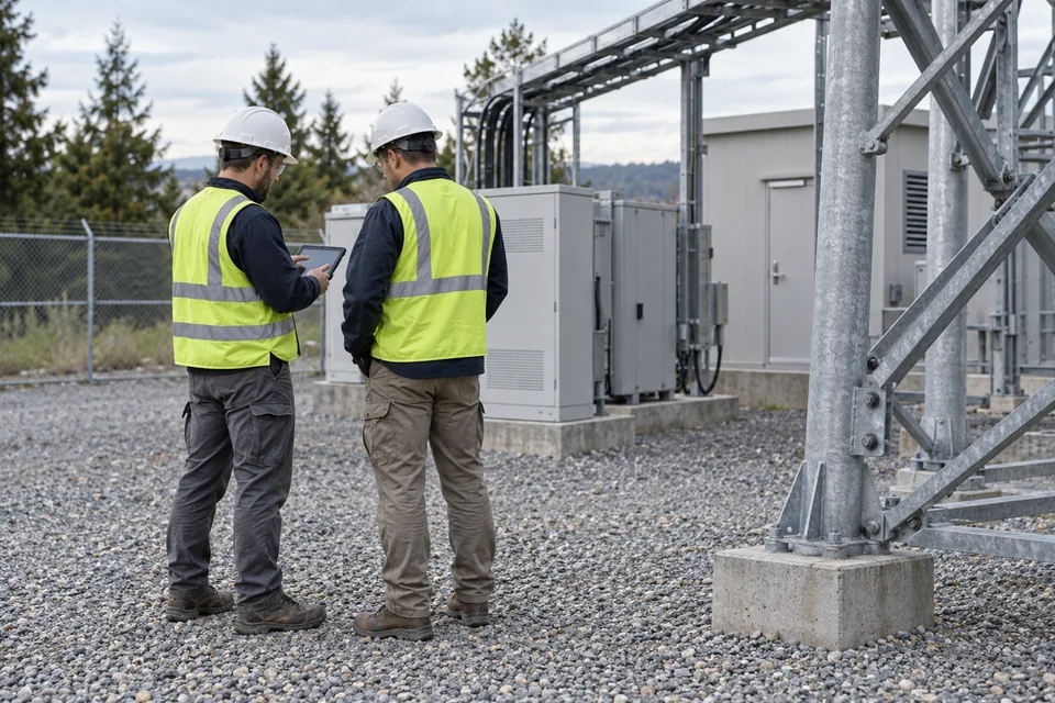 AI-generated telecom scene: two workers in hard hats and high-visibility vests review a tablet at ground level beside a tower.