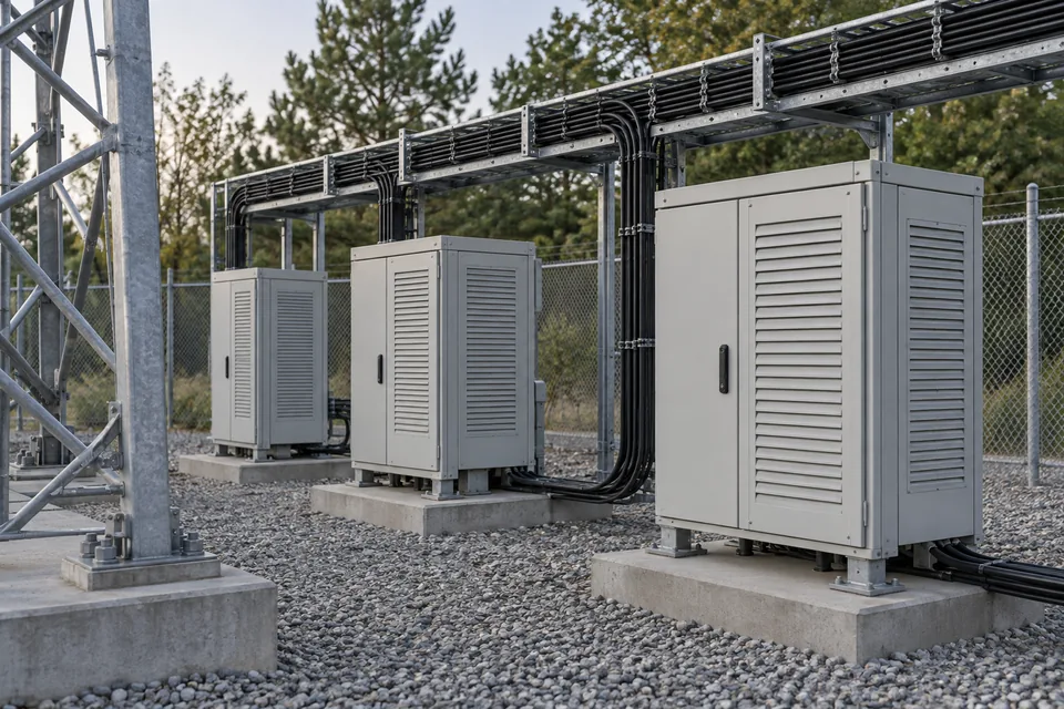 AI-generated telecom scene: closed outdoor equipment cabinets and cable routes beside a tower compound.