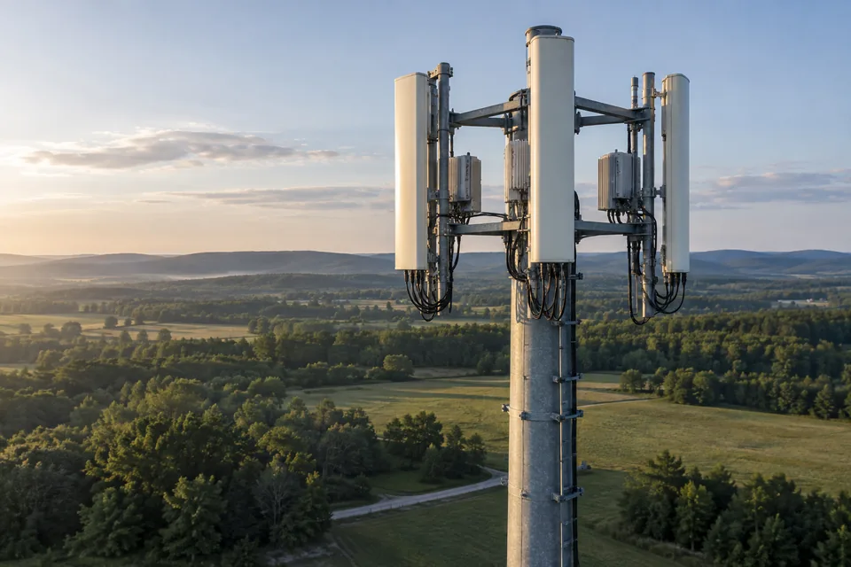 AI-generated telecom scene: panel antennas and radio equipment on a steel monopole above a rural landscape.